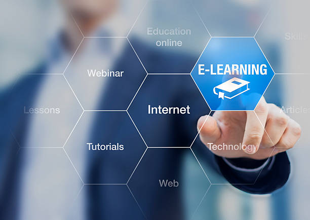 E-learning concept with a teacher presenting online education program E-learning concept with a teacher presenting online education program construction platform photos stock pictures, royalty-free photos & images