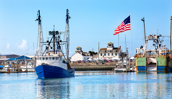 Westport, Washington, United States - August 15, 2015: Fishing Boat Maritime Museum Flag Westport Grays Harbor Puget Sound Washington State Pacific Northwest