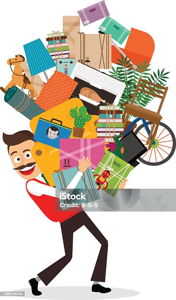 Man moving illustration Man moving illustration. Happy man walking with all he has in hands. Vector illustration. Carrying stock vector