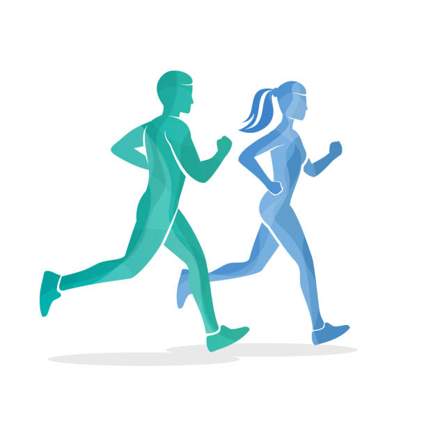 ilustrações de stock, clip art, desenhos animados e ícones de silhuetas de homem e mulher em execução - running women jogging profile