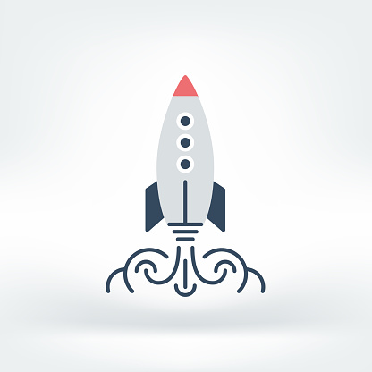 Vector illustration of rocket, startup, exploration. Flat style icon isolated on white background.