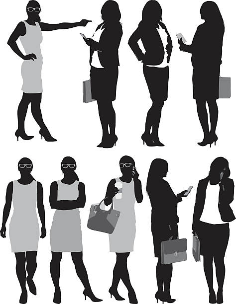 illustrazioni stock, clip art, cartoni animati e icone di tendenza di businesswomen'in divers'azioni - white background using voice full length high heels