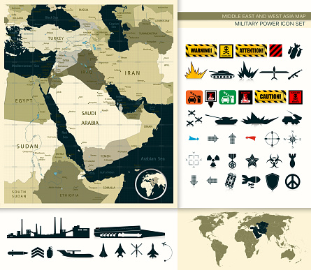 Map Of Middle East And Asia With A Military Power Icon Set.