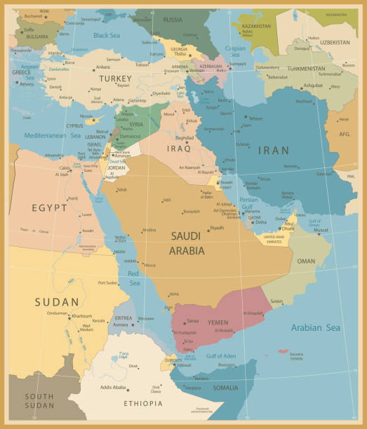 ilustrações de stock, clip art, desenhos animados e ícones de médio oriente e o ocidente ásia mapa vintage cores - iran vector saudi arabia kuwait