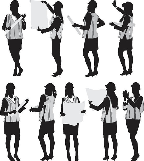 Female architect in various actions Female architect in various actionshttp://www.twodozendesign.info/i/1.png blueprint silhouettes stock illustrations