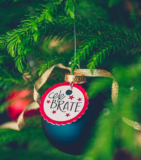 istock Christmas bauble with Celebrate message on Christmas tree branches 499961102