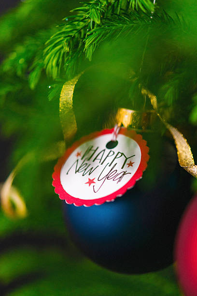 istock Christmas bauble with New Year message on Christmas tree branches 499975776