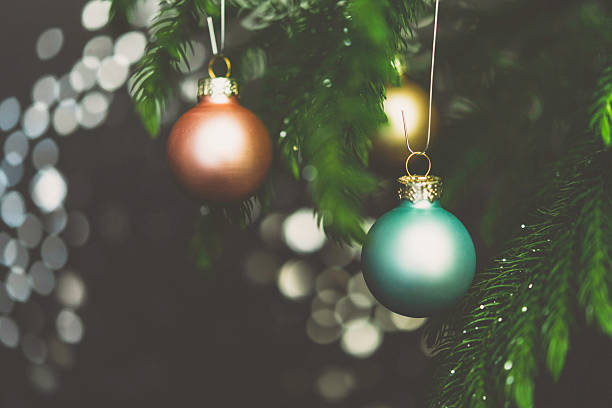 istock Pastel colored Christmas ornaments on Christmas tree branches 499976582
