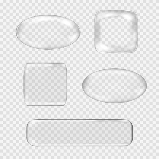 Vector set of transparent glass buttons. White sphere, square, rectangle Vector set of transparent glass buttons. White glass sphere, square, rectangle with glares and highlights. Vector illustration contains gradients and effects. Web icons for your design and business. button sewing item stock illustrations