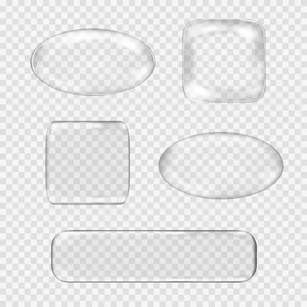 Vector illustration of Vector set of transparent glass buttons. White sphere, square, rectangle