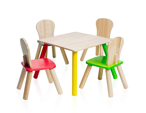 Wooden children dinner table set cute and colorful isolated on white