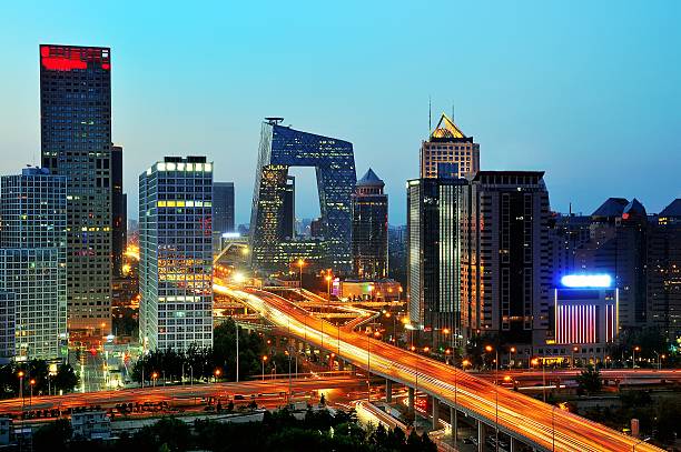 beijing cbd skyline sunset, de noche - pekín fotografías e imágenes de stock