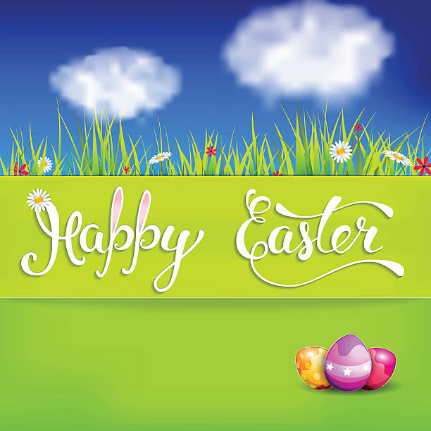 Easter greeting card with Easter eggs and handwritten text "Happ Easter greeting card with Easter eggs and handwritten text "Happy Easter". Vector illustration for  posters,   greeting cards, print and web projects. happ stock illustrations