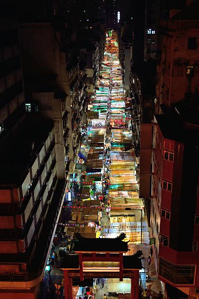 Aerial view of night market in Hong Kong stock photo