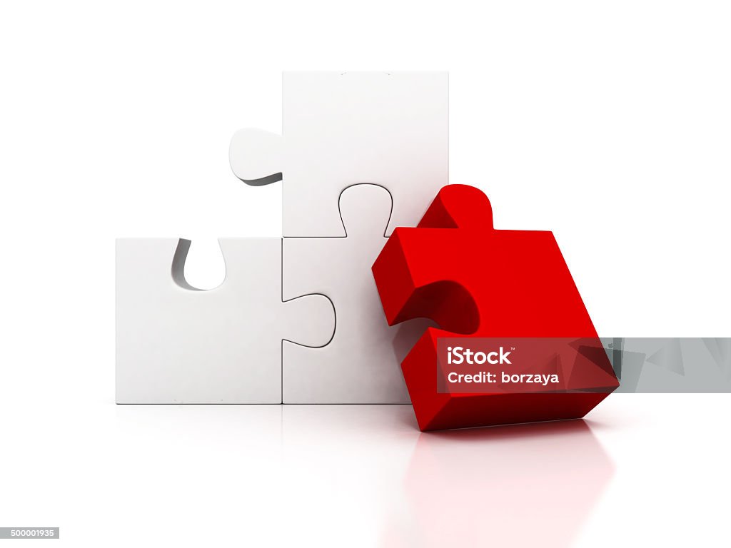 red different piece of white puzzle group red different piece of white puzzle group. 3d render illustration Attached Stock Photo