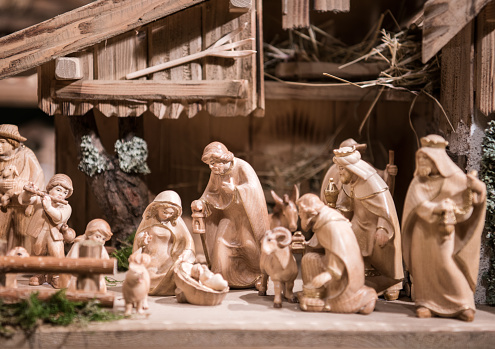 Handmade Christmas Manger, Traditional Wooden Crib with Virgin Mary, Jesus and the three Kings.