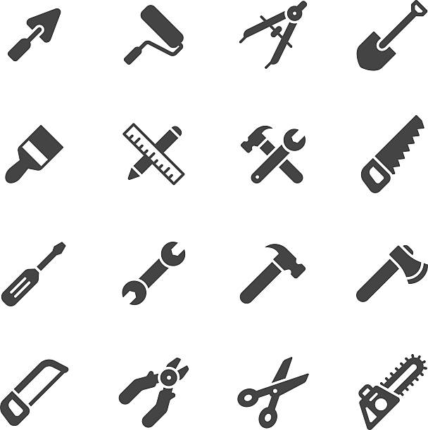 ilustraciones, imágenes clip art, dibujos animados e iconos de stock de iconos de herramientas - wrench ruler screwdriver hammer