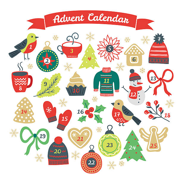 illustrations, cliparts, dessins animés et icônes de noël, calendrier de l'avent avec bouvreuil, ballon, sapin, biscuits - advent calendar advent christmas tree christmas