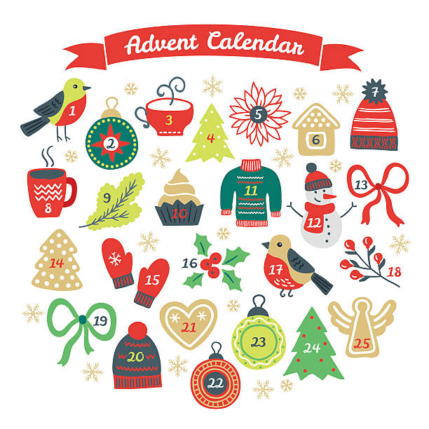 boże narodzenie kalendarz adwentowy z bullfinch, piłka i jodła z plików cookie - ribbon nobody cupcake celebration stock illustrations