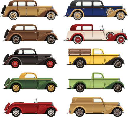 A vector drawing of a variety of body styles of automobile from the 1920s-1930s era.