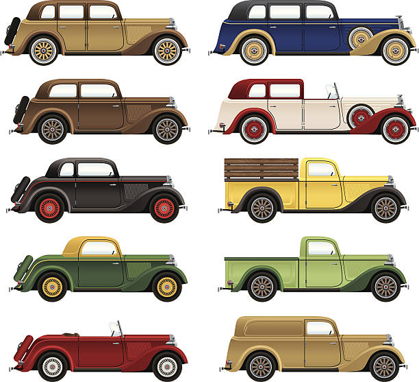 Antique Cars A vector drawing of a variety of body styles of automobile from the 1920s-1930s era. 1930s style stock illustrations