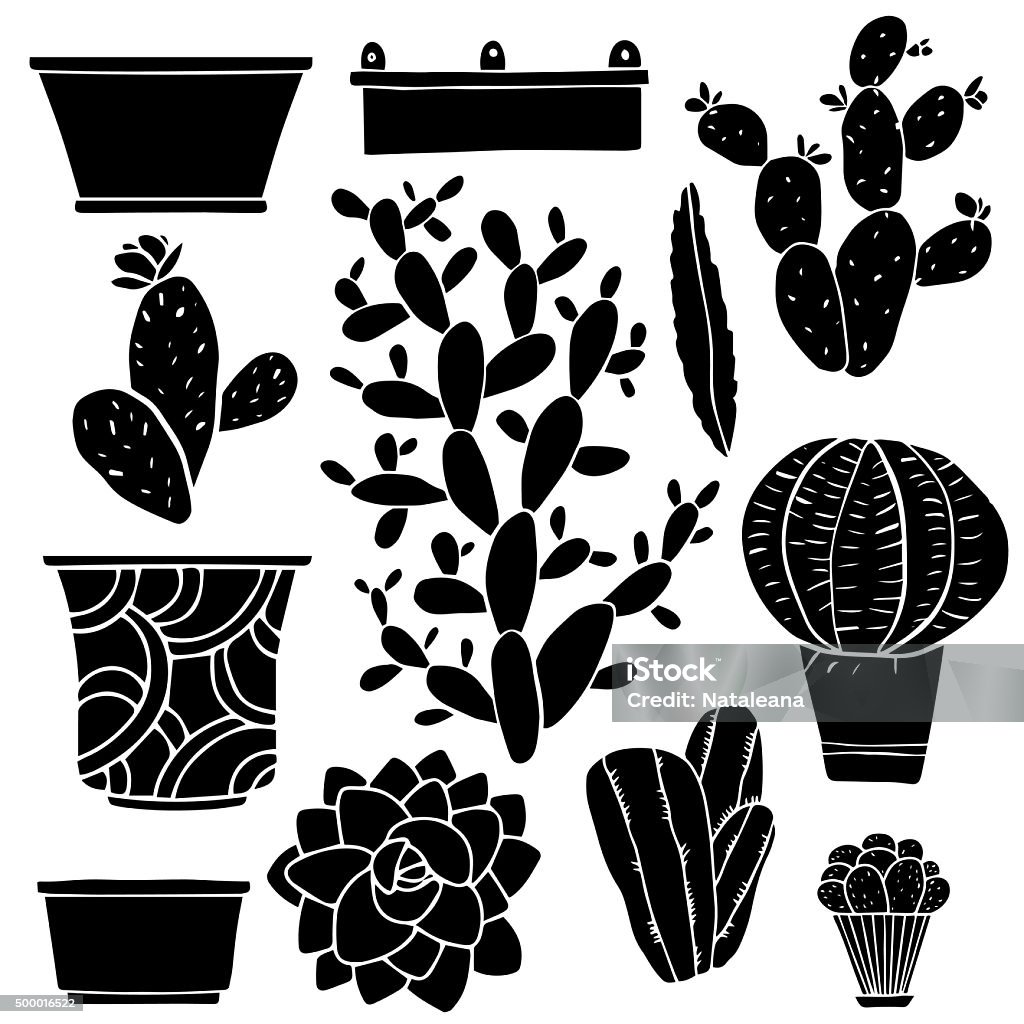 Cacti, houseplants, flowerpots, boxes, vases Cacti hand drawn black silhouettes set, succulents, houseplants, flowerpots, boxes, vases isolated on white background - vector artwork Prickly Pear Cactus stock vector