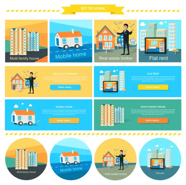 Vector illustration of Mobile Home, Flat Rent, Multi-family House