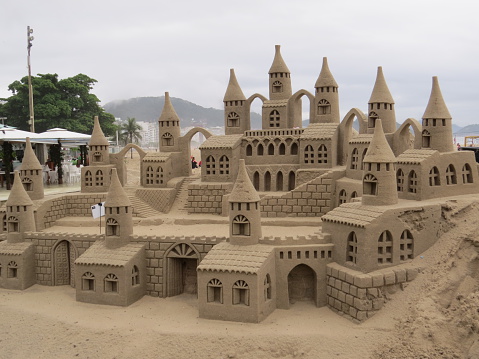 Sand sculpture on Copacabana beach in Rio De Janeiro, Brazil. These have to be remade every few days due to destruction by the sea and inclement weather.