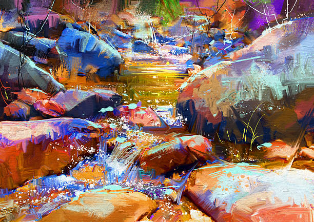 красивый водопад с красочными камнями в осенний лес - paintings watercolor painting landscape autumn stock illustrations