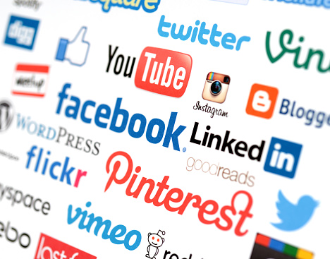 İstanbul, Turkey - February 5, 2014: Social media services logos on white paper, including YouTube, Facebook, Twitter, Pinterest, Instagram, Vimeo, Pinterest, Goodreads, LinkedIn.