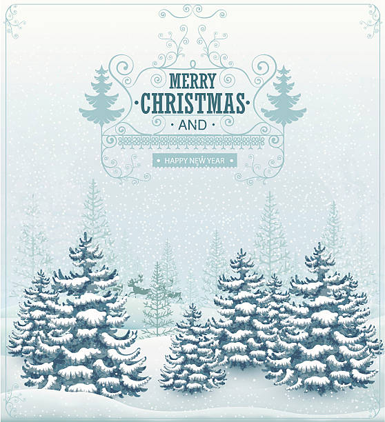 Merry Christmas and Happy New Year forest winter landscape with snowfall and spruces vintage vector illustration