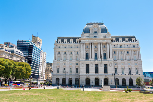 low angle view on modern and historic architecture in Buenos Aires against blue sky