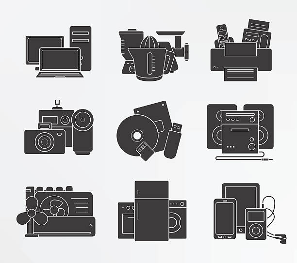 ilustraciones, imágenes clip art, dibujos animados e iconos de stock de conjunto de iconos de casa electrónica. silueta - computer equipment pc fax machine appliance