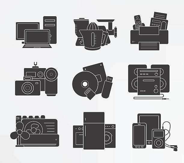 가전 제품 아이콘 세트. 실루엣 - computer equipment pc fax machine appliance stock illustrations