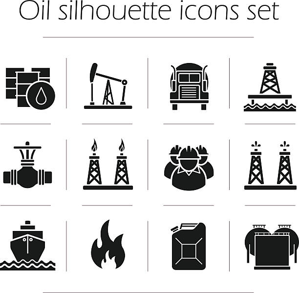 ilustraciones, imágenes clip art, dibujos animados e iconos de stock de silueta de iconos de producción de petróleo - oil well fire