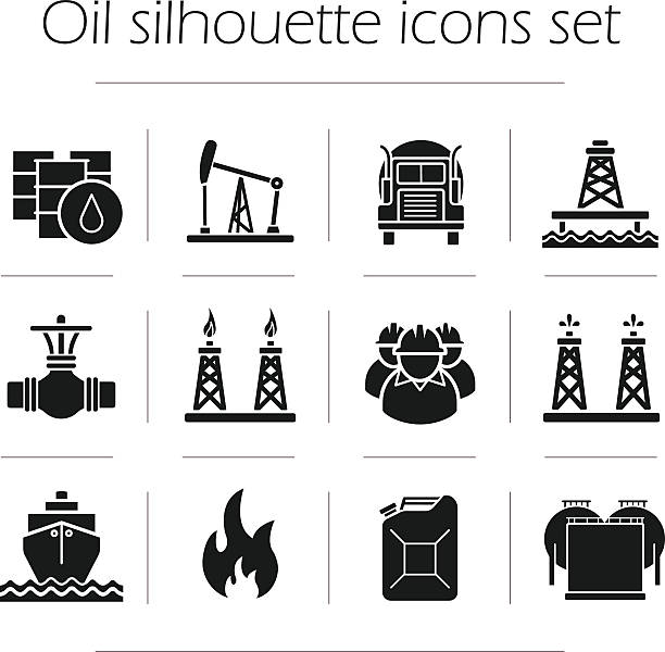 produkcja oleju sylwetka ikony ustaw - oil rig oil well natural gas industrial ship stock illustrations