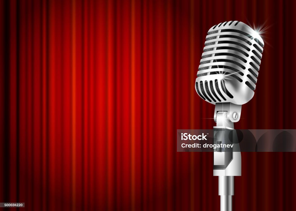 Microphone and red curtain Vintage metal microphone against red curtain backdrop. mic on empty theatre stage, vector art image illustration. stand up comedian night show or karaoke party background with text space. retro design Comedian stock vector