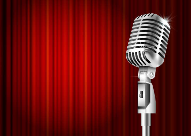Microphone and red curtain Vintage metal microphone against red curtain backdrop. mic on empty theatre stage, vector art image illustration. stand up comedian night show or karaoke party background with text space. retro design comedian stock illustrations