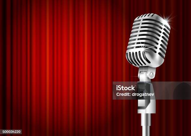 Microphone And Red Curtain Stock Illustration - Download Image Now - Comedian, Humor, Performance