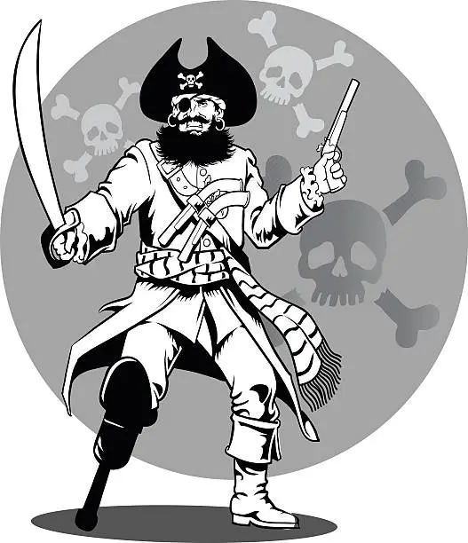 Vector illustration of Pirate Captain in Black and White