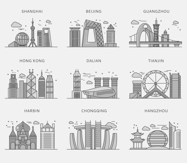Icons Chinese Major Cities Flat Style Icons Chinese major cities flat style. Shanghai and china, Beijing and Guangzhou, Hong Kong and Dalian, Tianjin and Harbin, Chongqing and Hangzhou illustration. White black zhejiang illustrations stock illustrations