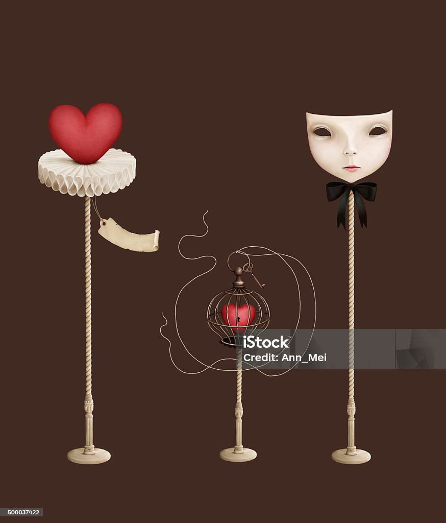 Heart in  cage and mask isolated objects Dark background with red curtains to cover poster or illustration. Computer graphics. 2015 stock illustration