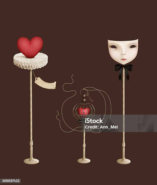 Heart In Cage And Mask Isolated Objects Stock Illustration - Download Image Now - 2015, Art, Art Product
