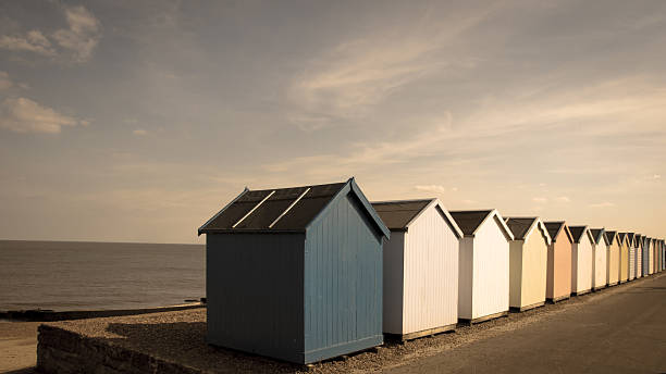 istock Row of beach huts at Felixstowe beach 500037505