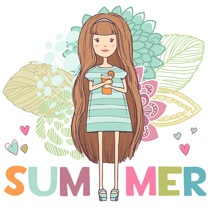 Summer abstract floral background with cute girl