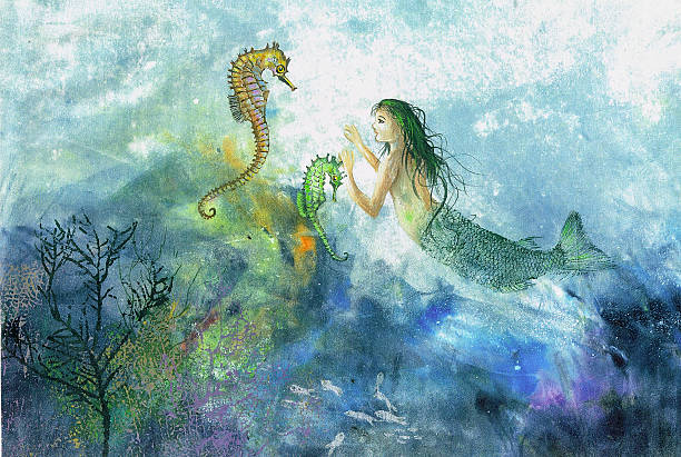 ilustraciones, imágenes clip art, dibujos animados e iconos de stock de caballito de mar y pinturas originales sirena - underwater animal sea horse fish