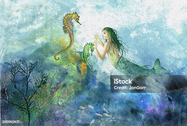 Original Painting Seahorse And Mermaid Stock Illustration - Download Image Now - Mermaid, Watercolor Painting, Seahorse