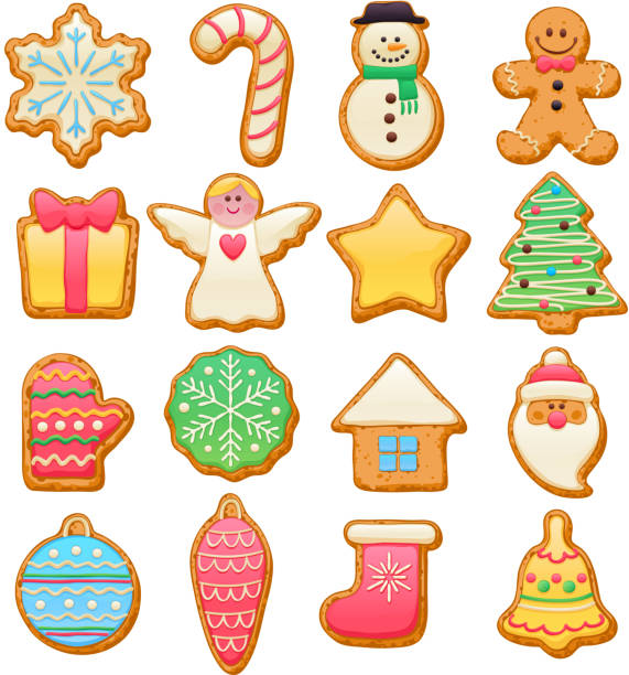 Colorful beautiful Christmas cookies icons set Colorful beautiful Christmas cookies icons set. Sweet decorated new year backings - gingerbread man star santa snowflake shristams tree ball sock ant other holiday symbols. Cookie stock illustrations