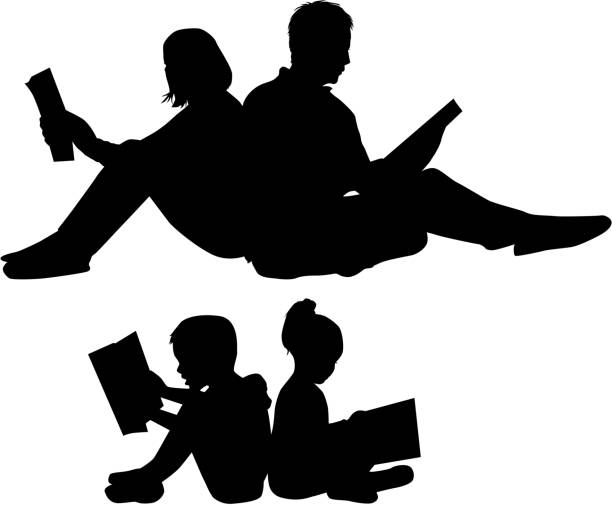 illustrazioni stock, clip art, cartoni animati e icone di tendenza di silhouette di una famiglia leggendo un libro. - reading book men paperback