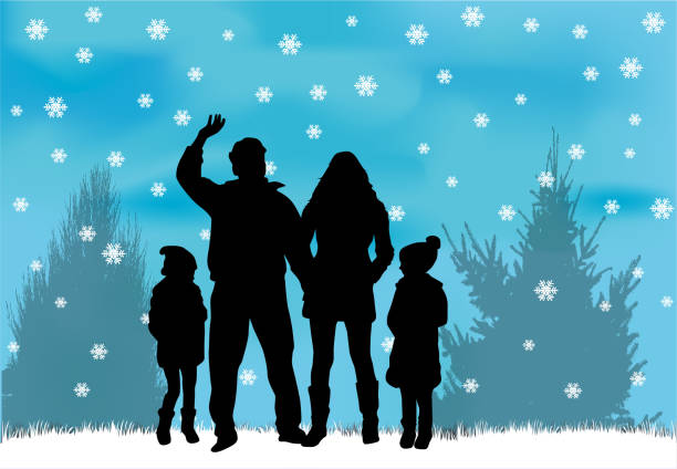 bildbanksillustrationer, clip art samt tecknat material och ikoner med silhouette family of winter. - children tree christmas silhouette